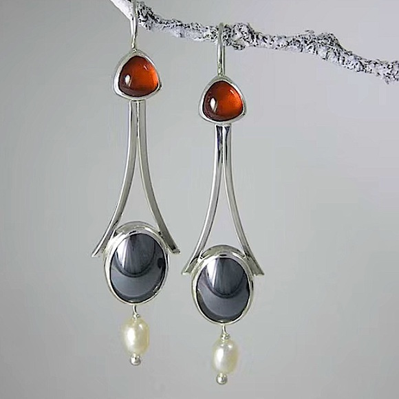 Silver Vintage Handmade Boho Geometric Stone Dangle Earrings - Picture 2 of 5